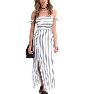 Black and White Strip off the shoulder Boho Maxi